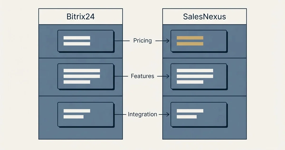 Comparison panel: Bitrix24 vs SalesNexus (Pricing, Features, Integration)