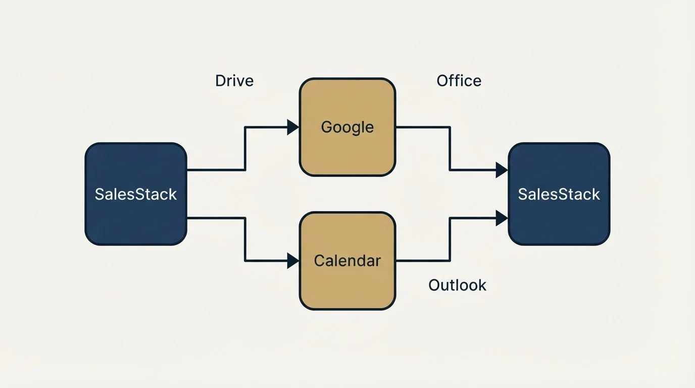 Integration schematic: Integration Ecosystem (SalesStack, Google, Calendar, Drive)