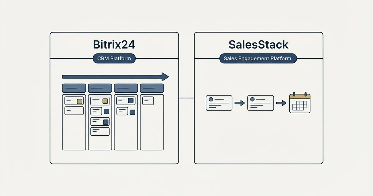 Side-by-side panels: Bitrix24 vs SalesStack (CRM Platform, Sales Engagement Platform)