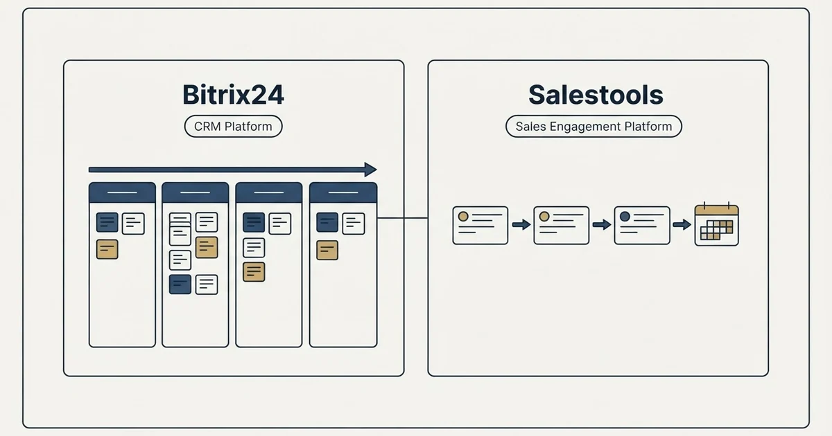 Side-by-side panels: Bitrix24 vs Salestools (CRM Platform, Sales Engagement Platform)