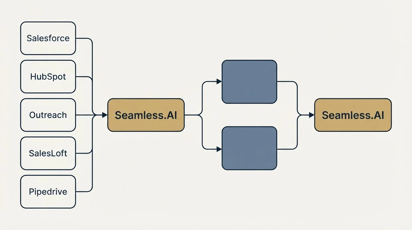 Integration schematic: Integration Ecosystem (Seamless.AI, Salesforce, HubSpot, Outreach)