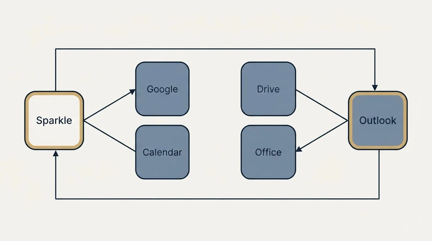 Integration schematic: Integration Ecosystem (Sparkle, Google, Calendar, Drive)
