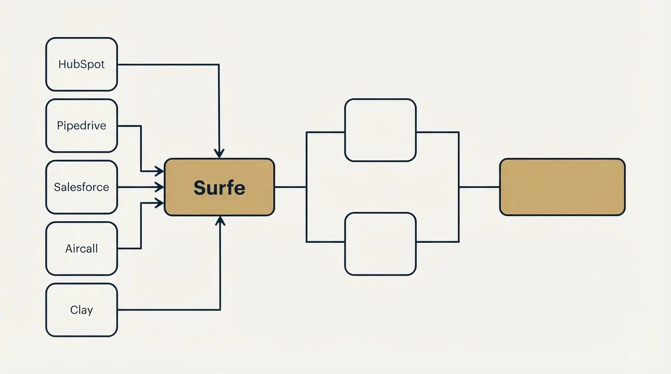 Integration flow: Integration Ecosystem (Surfe, HubSpot, Pipedrive, Salesforce)