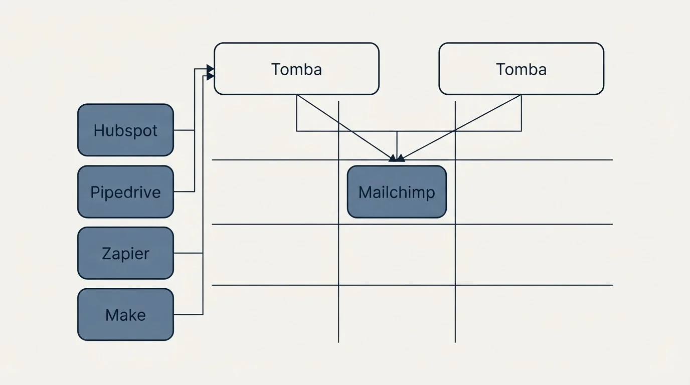 Integration grid: Integration Ecosystem (Tomba, Mailchimp, Hubspot, Pipedrive)