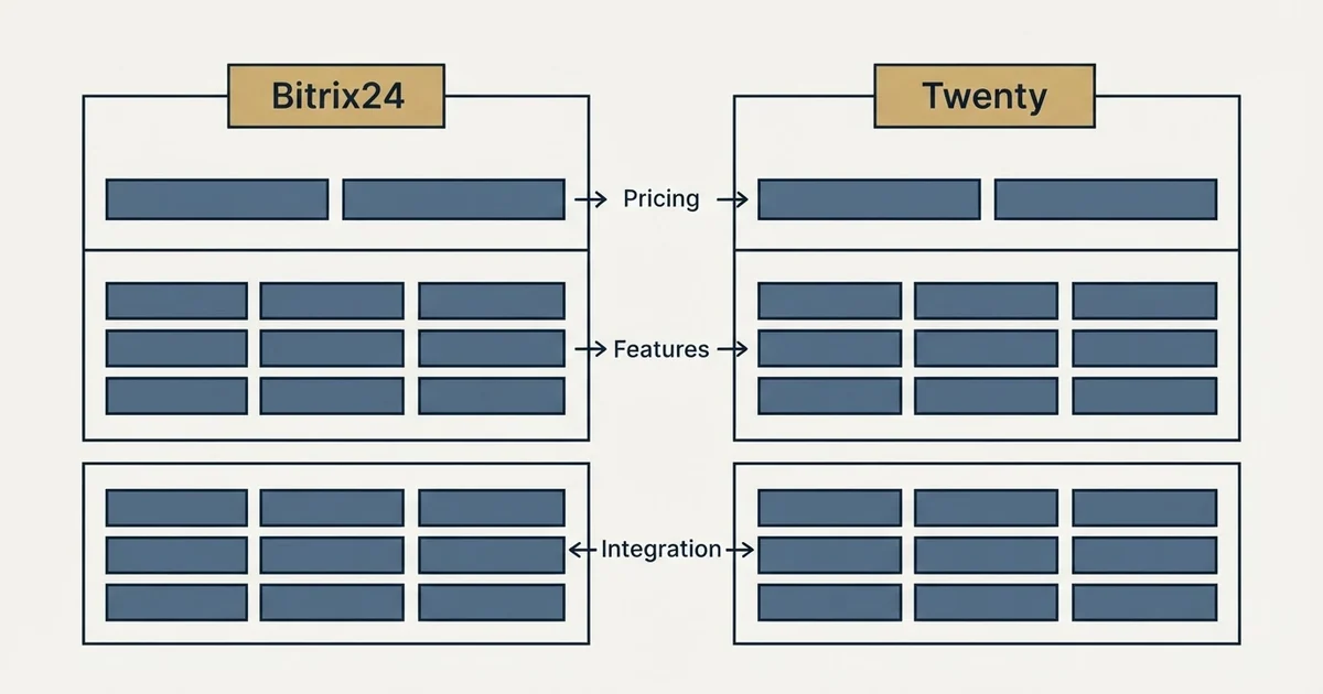 Comparison panel: Bitrix24 vs Twenty (Pricing, Features, Integration)