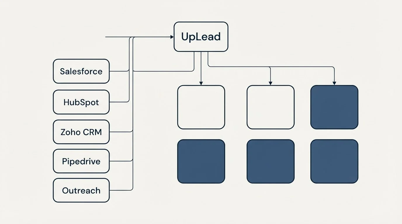 Integration grid: Integration Ecosystem (UpLead, Salesforce, HubSpot, Zoho CRM)