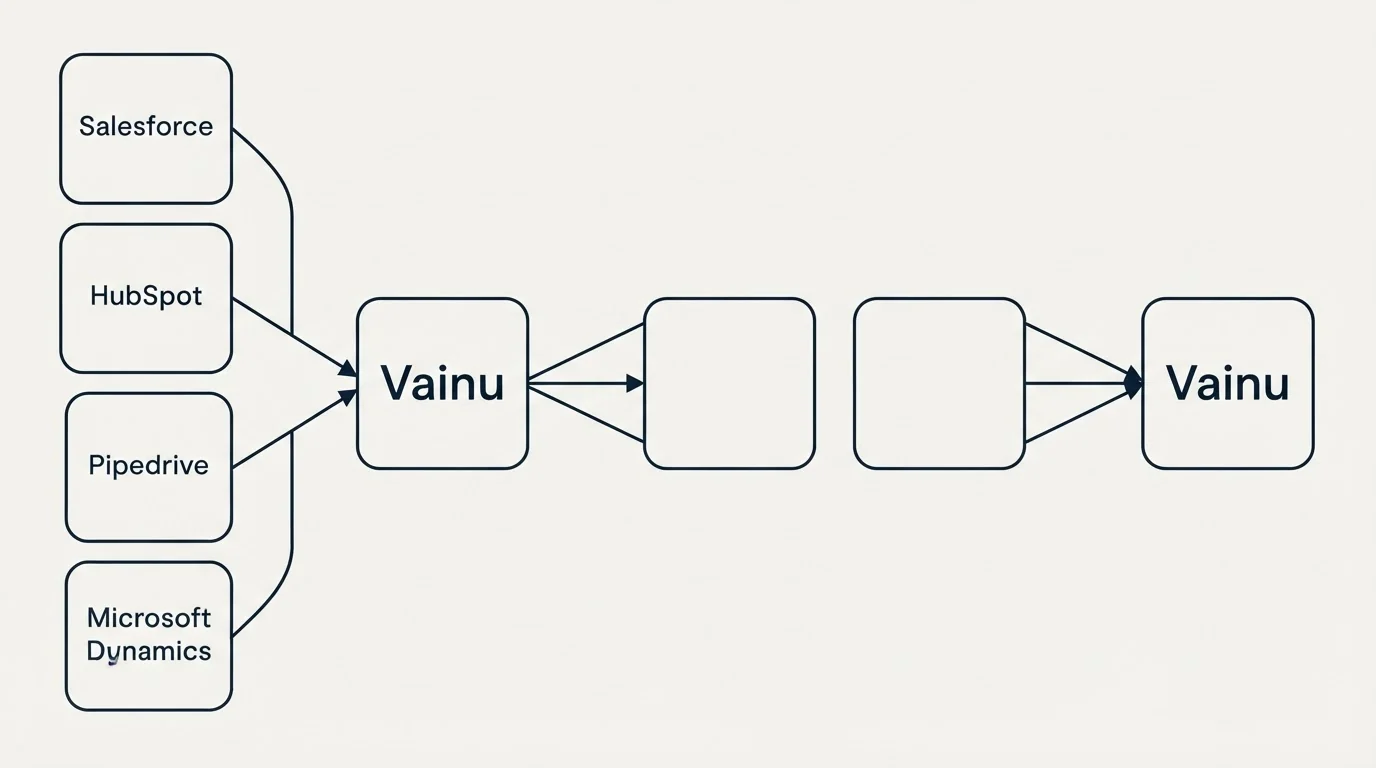 Integration schematic: Integration Ecosystem (Vainu, Salesforce, HubSpot, Pipedrive)