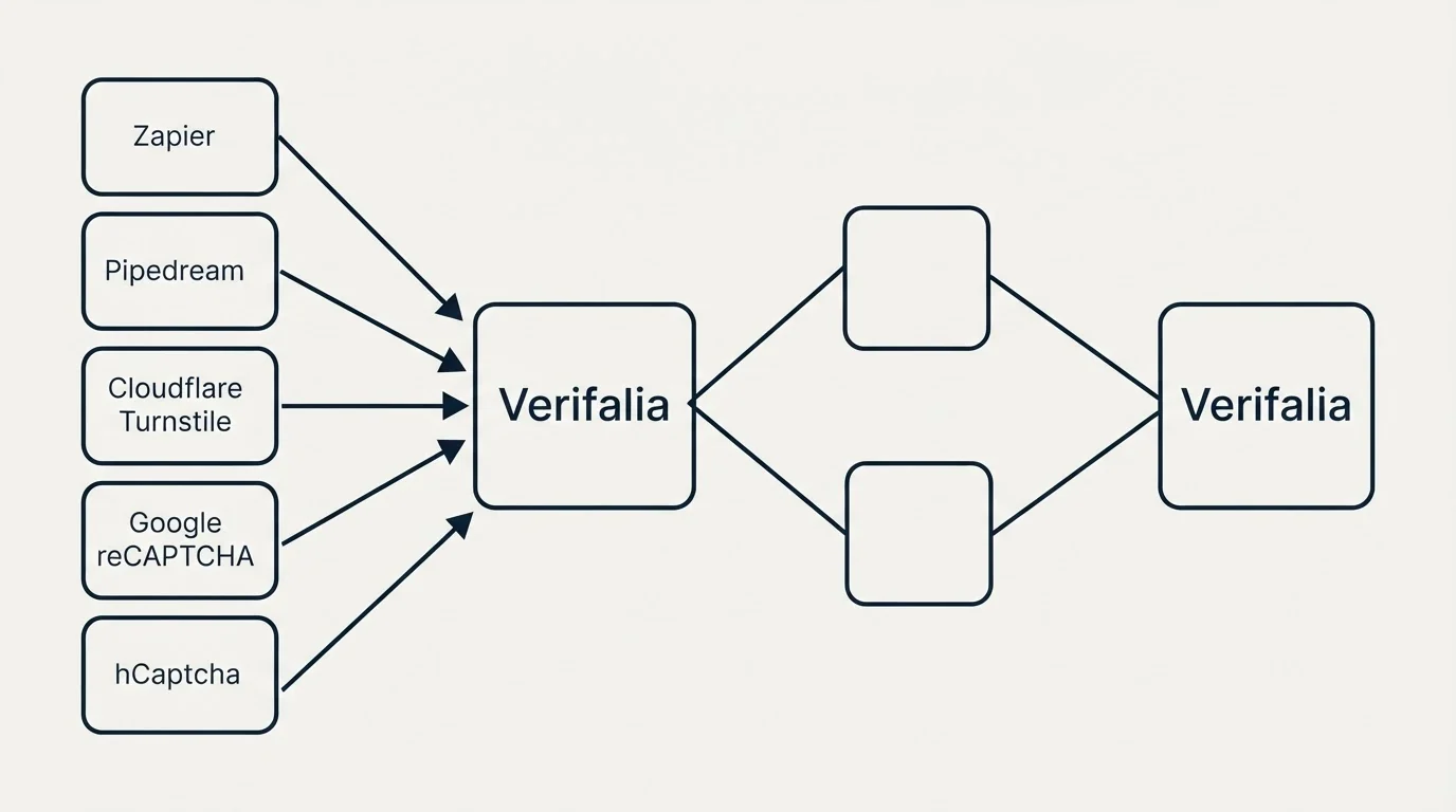 Integration schematic: Integration Ecosystem (Verifalia, Zapier, Pipedream, Cloudflare Turnstile)