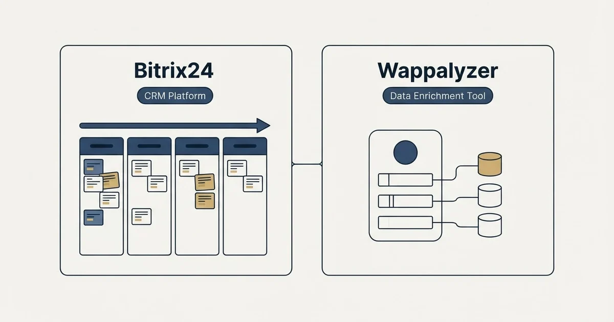 Side-by-side panels: Bitrix24 vs Wappalyzer (CRM Platform, Data Enrichment Tool)