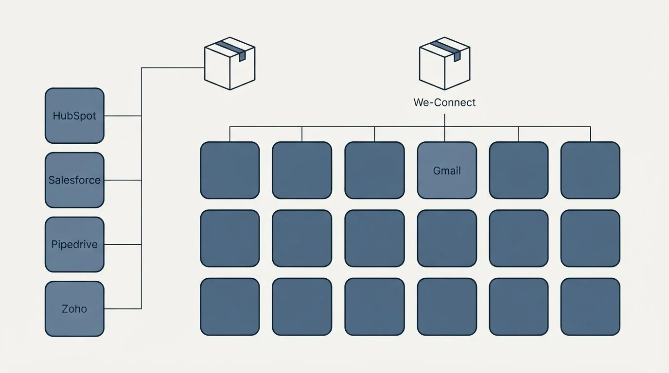 Integration grid: Integration Ecosystem (We-Connect, Gmail, HubSpot, Salesforce)