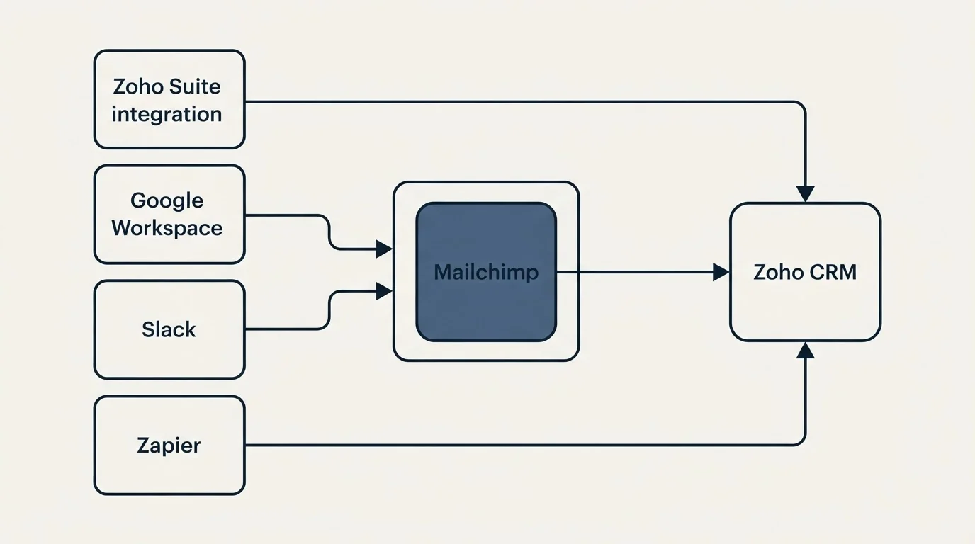 Integration schematic: Integration Ecosystem (Zoho CRM, Mailchimp, Zoho Suite integration, Google Workspace)