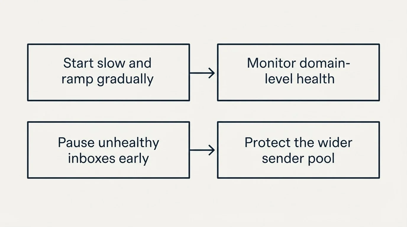 Schematic: Step: Launch With Automated Ramp (Start slow and ramp gradually, Monitor domain-level health, Pause unhealthy inboxes early, Protect the wider sender pool)