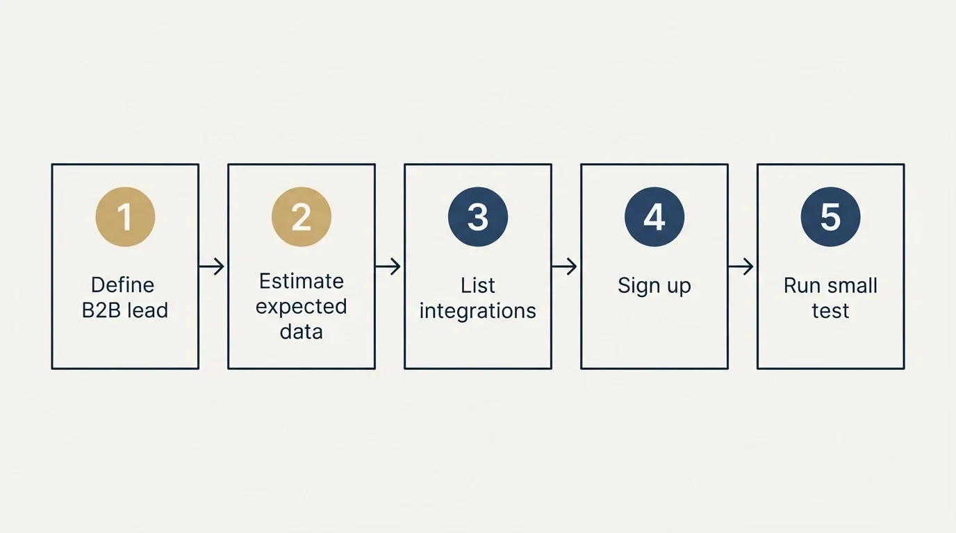 Step sequence: Getting Started Checklist (Define B2B lead, Estimate expected data, List integrations, Sign up)
