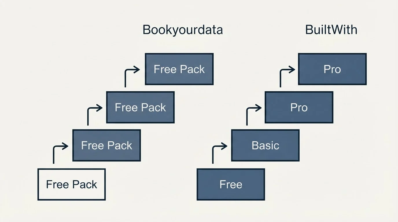 Pricing ladder: Pricing Comparison (Bookyourdata, BuiltWith, Free Pack, Free)