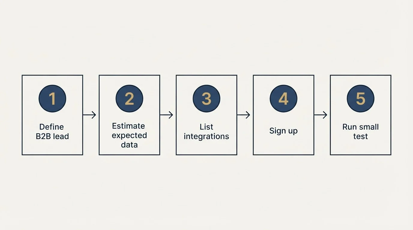 Step sequence: Getting Started Checklist (Define B2B lead, Estimate expected data, List integrations, Sign up)