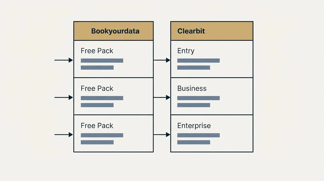Pricing table: Pricing Comparison (Bookyourdata, Clearbit, Free Pack, Entry)