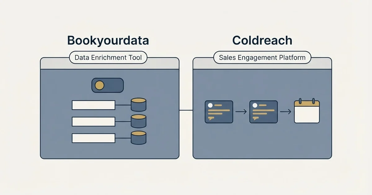 Side-by-side panels: Bookyourdata vs Coldreach (Data Enrichment Tool, Sales Engagement Platform)