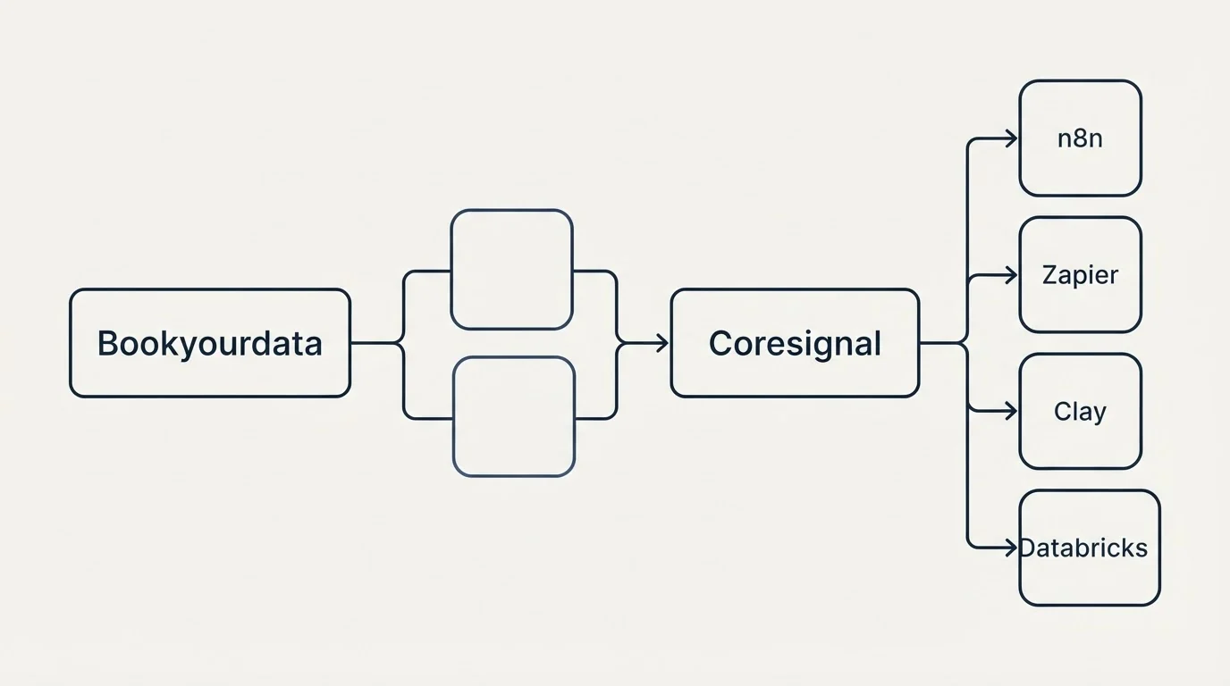 Integration schematic: Integration Ecosystem (Bookyourdata, Coresignal, n8n, Zapier)