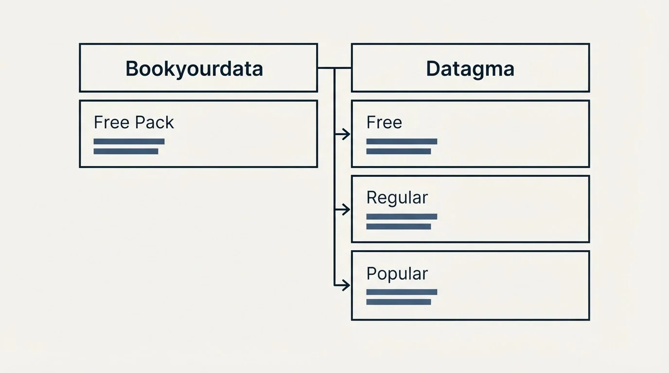 Pricing table: Pricing Comparison (Bookyourdata, Datagma, Free Pack, Free)