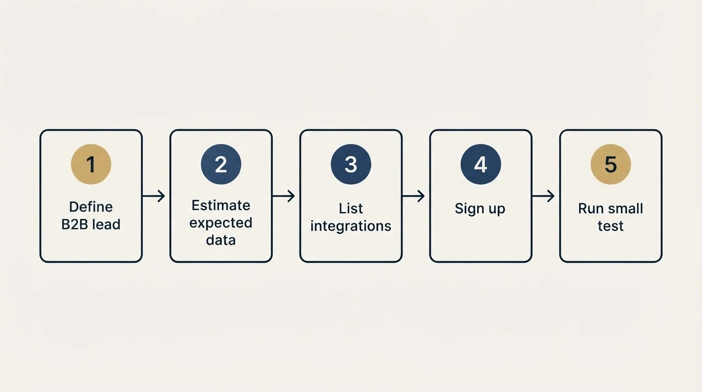 Step sequence: Getting Started Checklist (Define B2B lead, Estimate expected data, List integrations, Sign up)