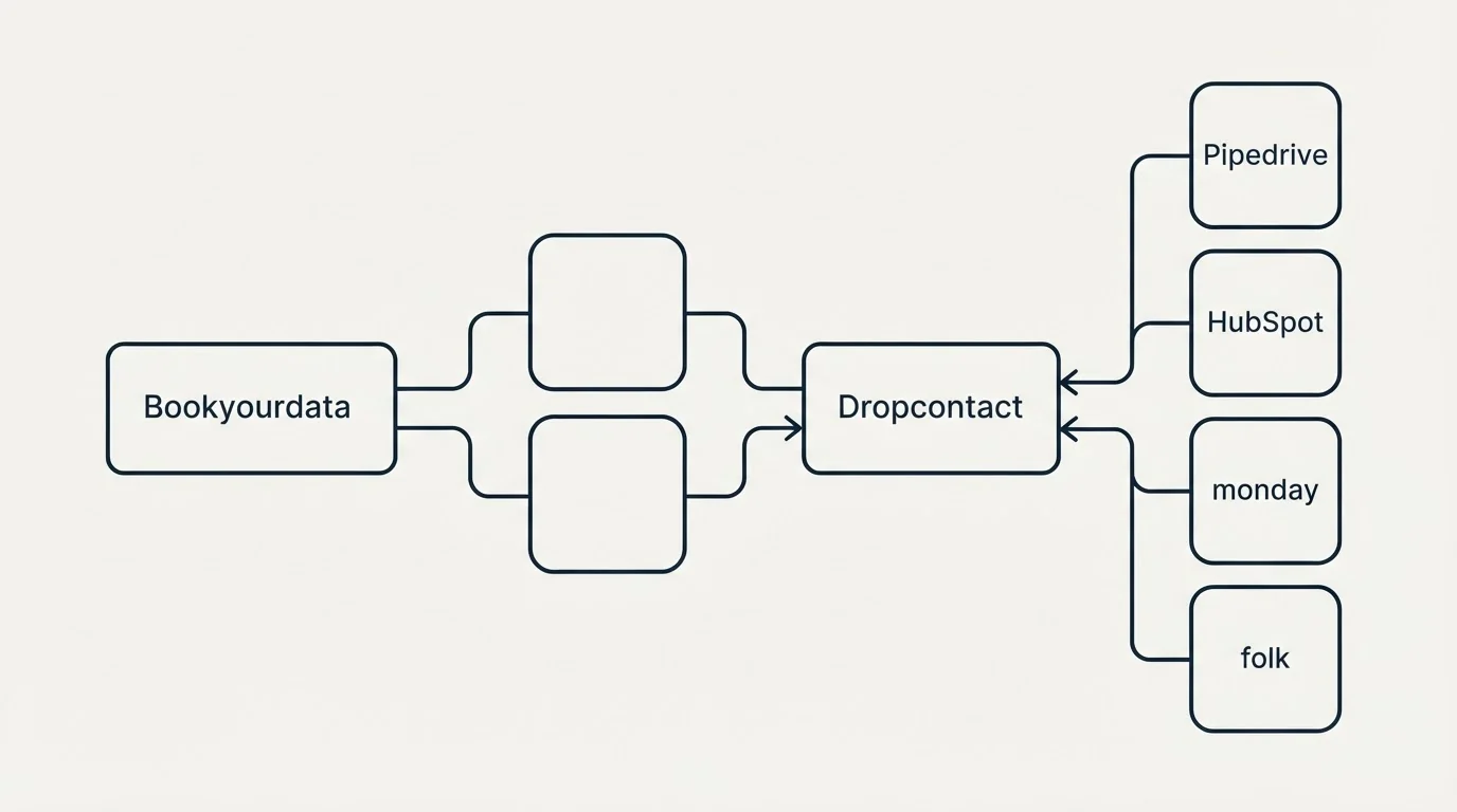 Integration schematic: Integration Ecosystem (Bookyourdata, Dropcontact, Pipedrive, HubSpot)
