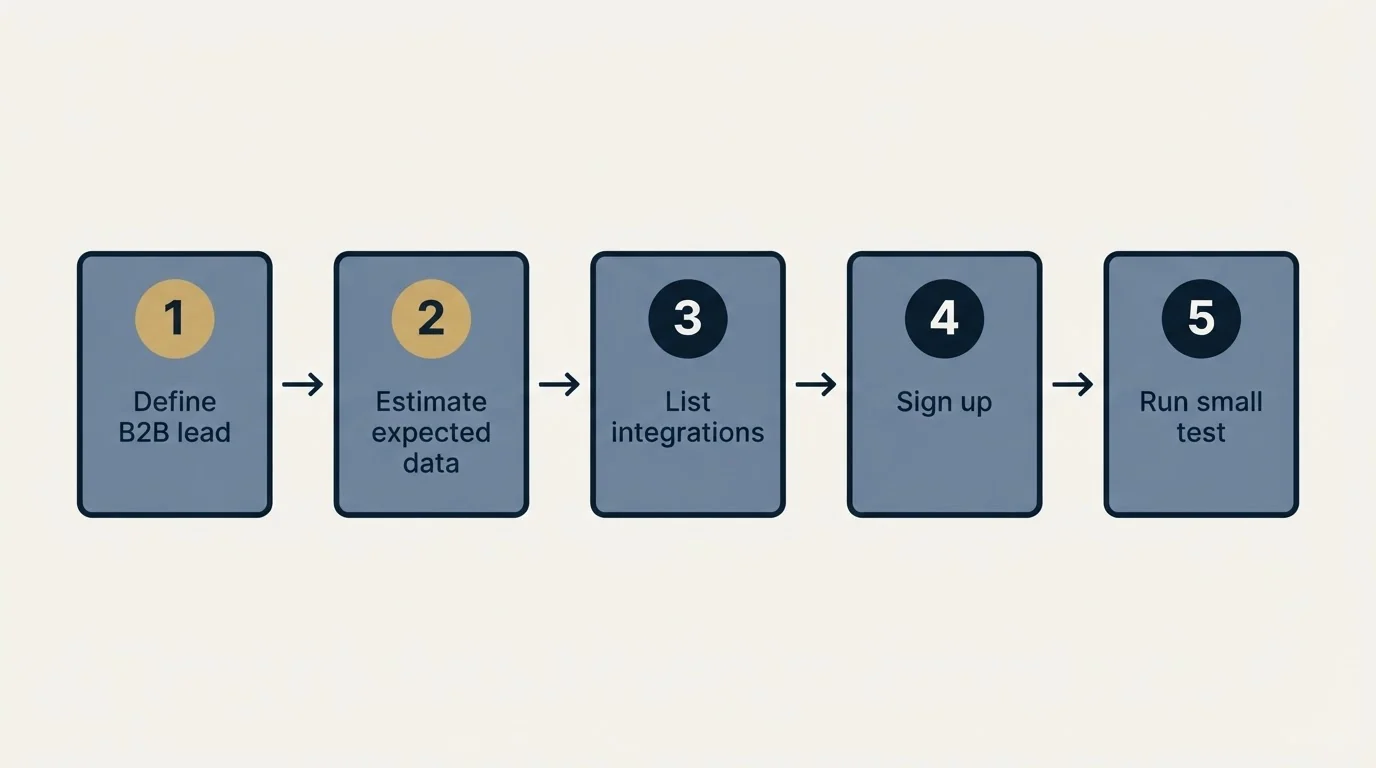 Step sequence: Getting Started Checklist (Define B2B lead, Estimate expected data, List integrations, Sign up)