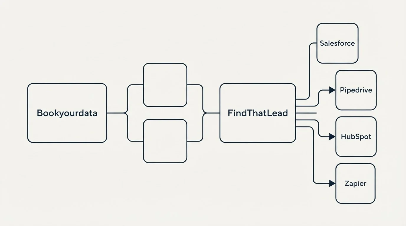 Integration schematic: Integration Ecosystem (Bookyourdata, FindThatLead, Salesforce, Pipedrive)