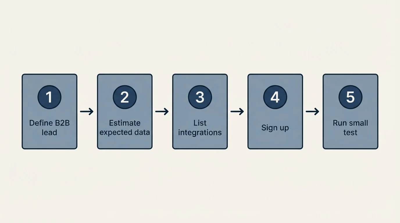Step sequence: Getting Started Checklist (Define B2B lead, Estimate expected data, List integrations, Sign up)