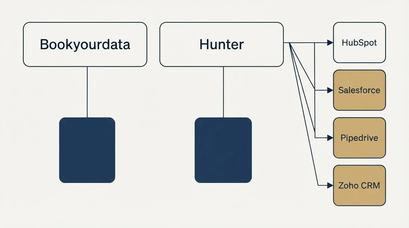 Integration grid: Integration Ecosystem (Bookyourdata, Hunter, HubSpot, Salesforce)