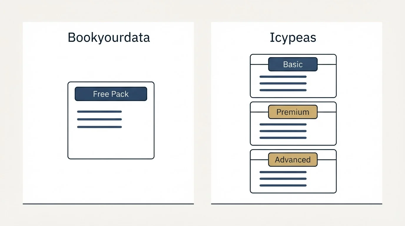 Pricing panels: Pricing Comparison (Bookyourdata, Icypeas, Free Pack, Basic)