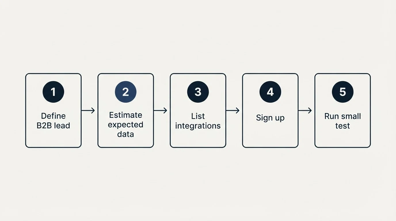 Step sequence: Getting Started Checklist (Define B2B lead, Estimate expected data, List integrations, Sign up)