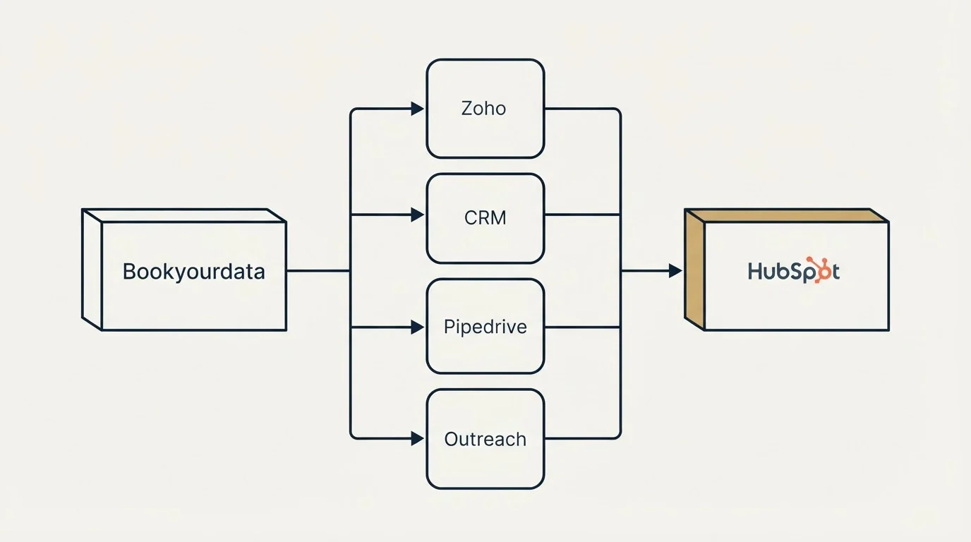 Integration flow: Integration Ecosystem (Bookyourdata, HubSpot, Zoho, CRM)