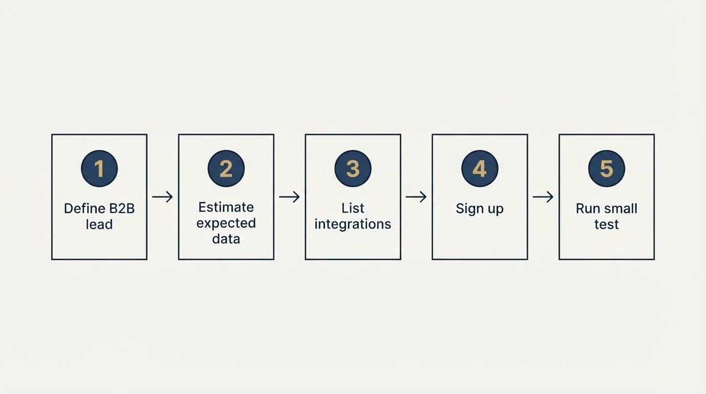 Step sequence: Getting Started Checklist (Define B2B lead, Estimate expected data, List integrations, Sign up)