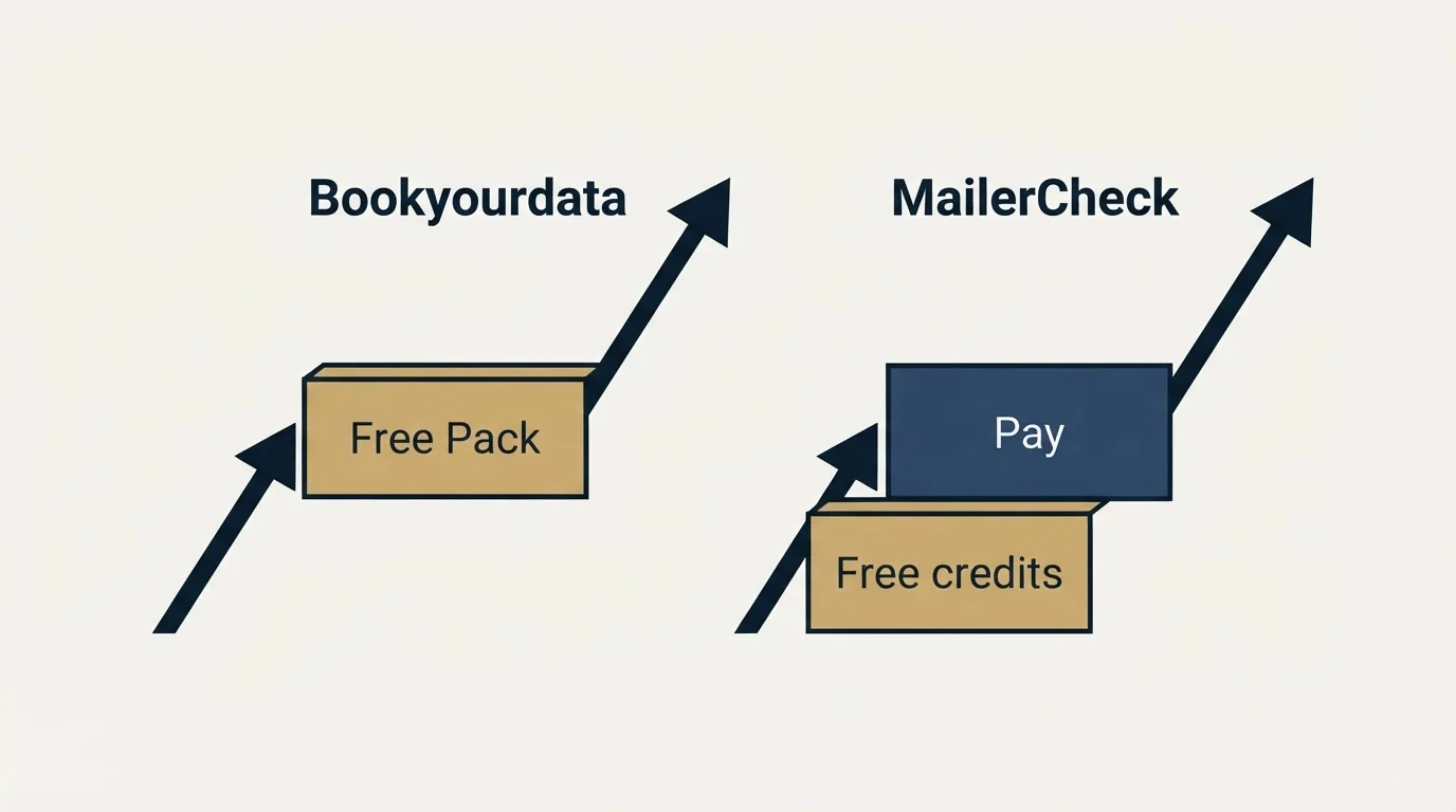 Pricing ladder: Pricing Comparison (Bookyourdata, MailerCheck, Free Pack, Free credits)