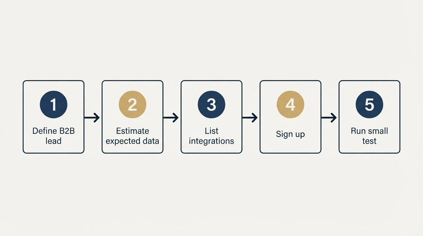 Step sequence: Getting Started Checklist (Define B2B lead, Estimate expected data, List integrations, Sign up)