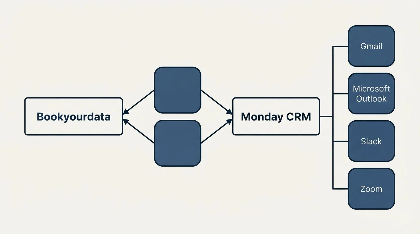 Integration schematic: Integration Ecosystem (Bookyourdata, Monday CRM, Gmail, Microsoft Outlook)