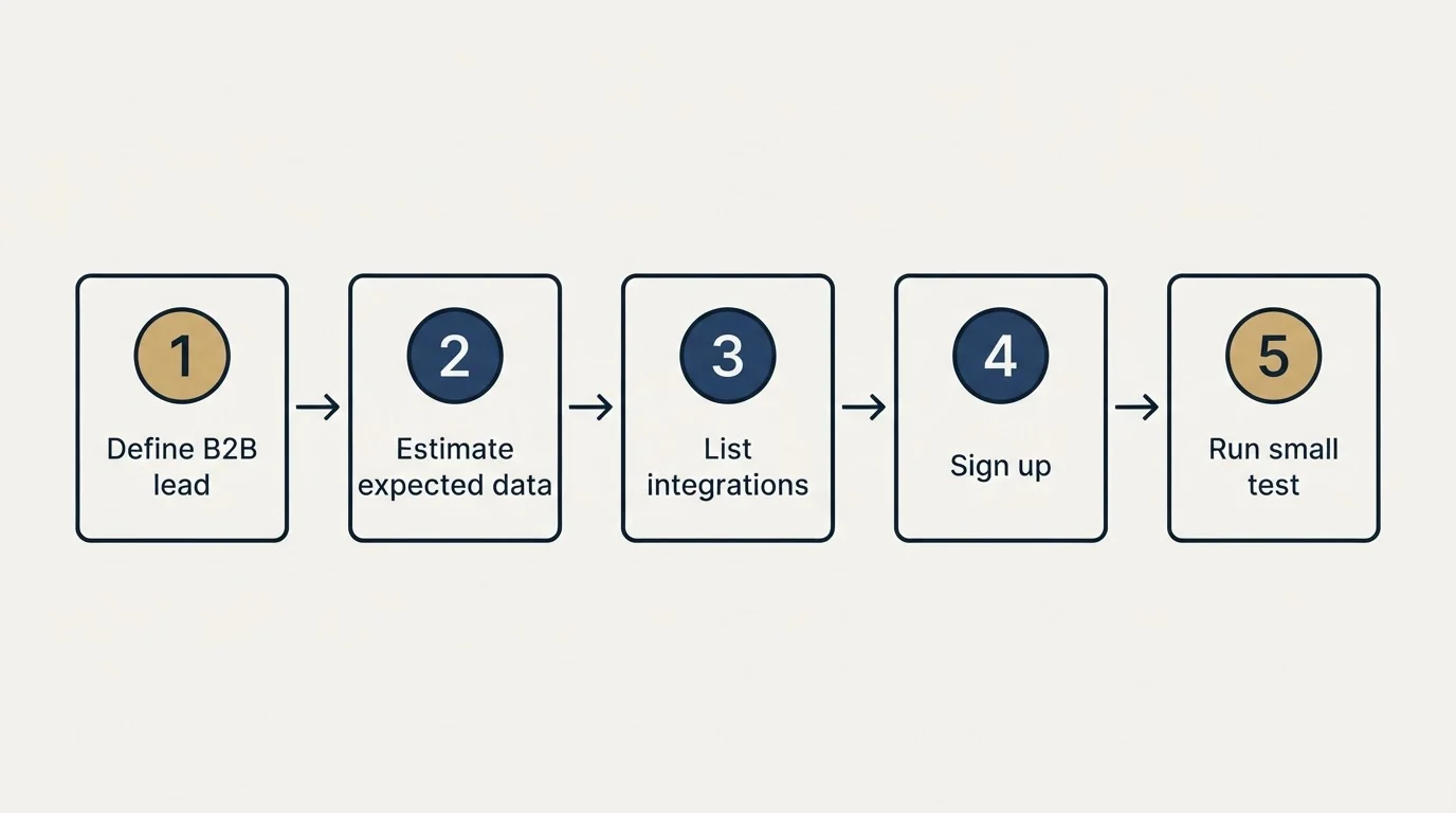 Step sequence: Getting Started Checklist (Define B2B lead, Estimate expected data, List integrations, Sign up)