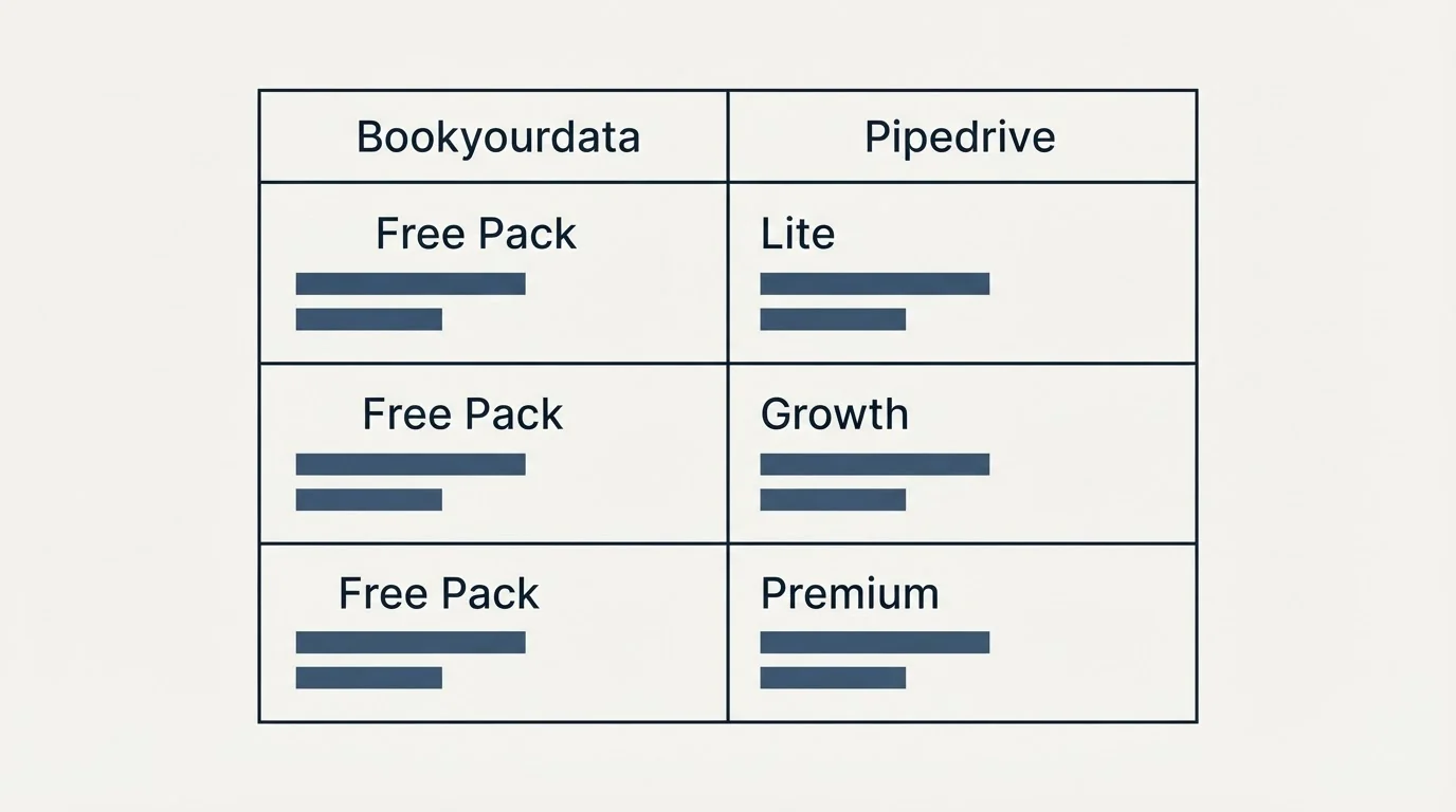 Pricing table: Pricing Comparison (Bookyourdata, Pipedrive, Free Pack, Lite)