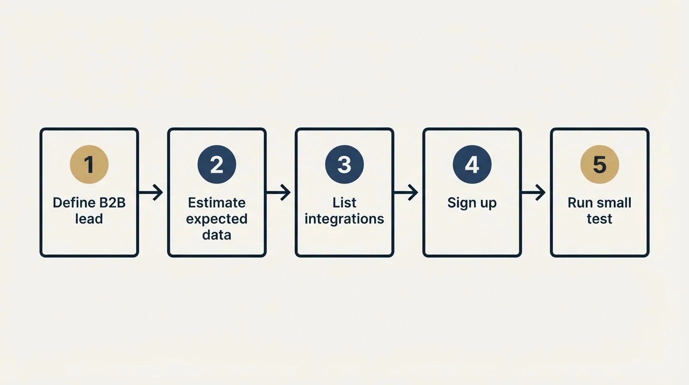 Step sequence: Getting Started Checklist (Define B2B lead, Estimate expected data, List integrations, Sign up)