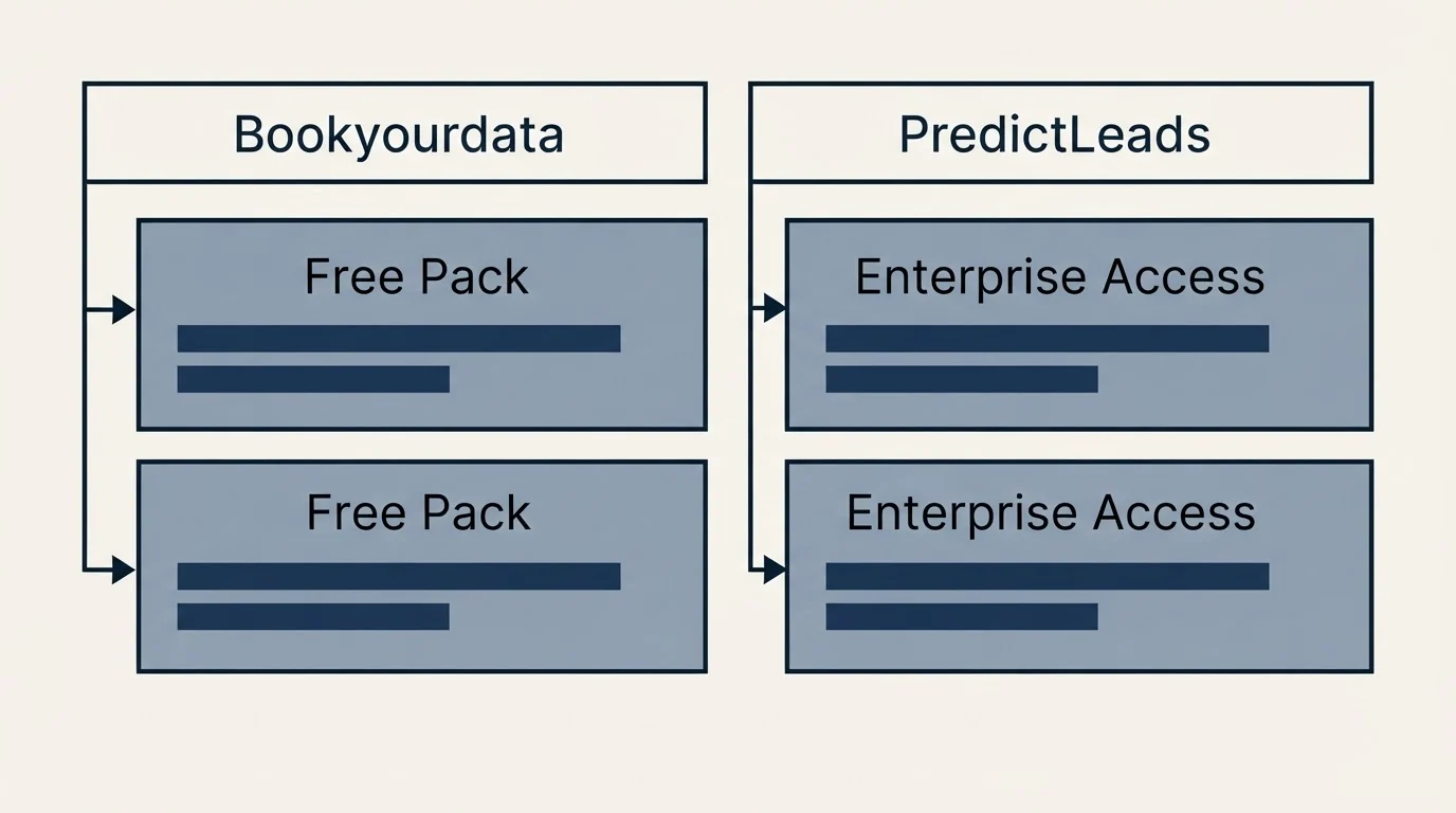 Pricing table: Pricing Comparison (Bookyourdata, PredictLeads, Free Pack, Enterprise Access)