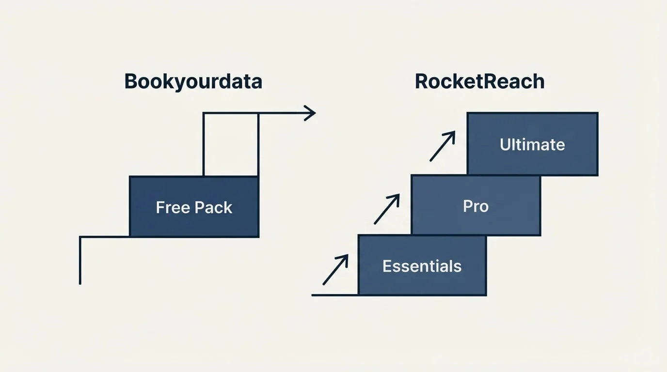 Pricing ladder: Pricing Comparison (Bookyourdata, RocketReach, Free Pack, Essentials)