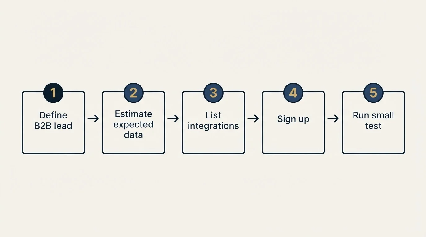 Step sequence: Getting Started Checklist (Define B2B lead, Estimate expected data, List integrations, Sign up)