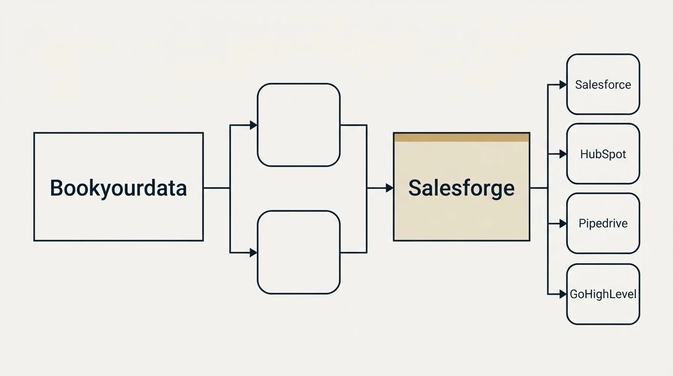 Integration flow: Integration Ecosystem (Bookyourdata, Salesforge, Salesforce, HubSpot)