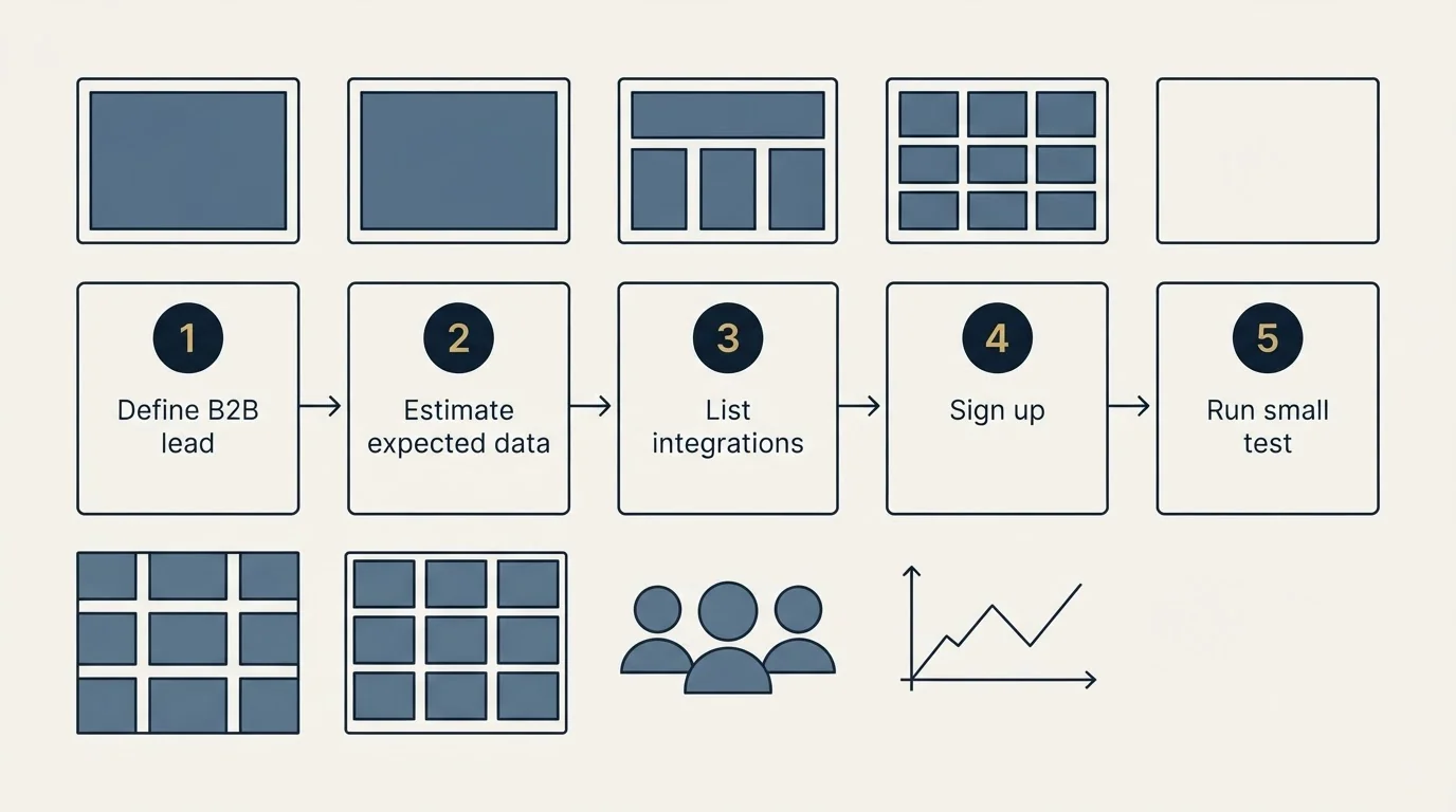 Step sequence: Getting Started Checklist (Define B2B lead, Estimate expected data, List integrations, Sign up)