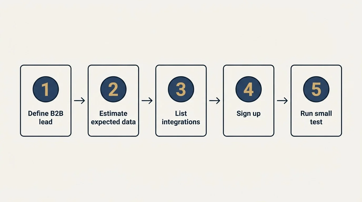 Step sequence: Getting Started Checklist (Define B2B lead, Estimate expected data, List integrations, Sign up)