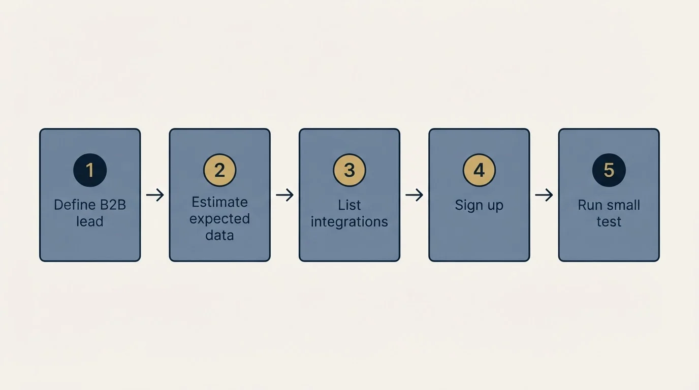 Step sequence: Getting Started Checklist (Define B2B lead, Estimate expected data, List integrations, Sign up)