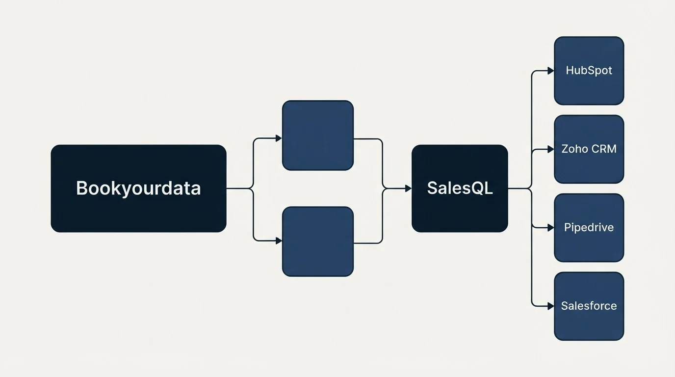 Integration schematic: Integration Ecosystem (Bookyourdata, SalesQL, HubSpot, Zoho CRM)