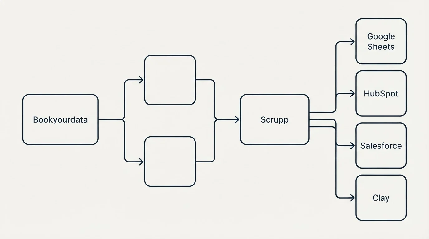 Integration flow: Integration Ecosystem (Bookyourdata, Scrupp, Google Sheets, HubSpot)
