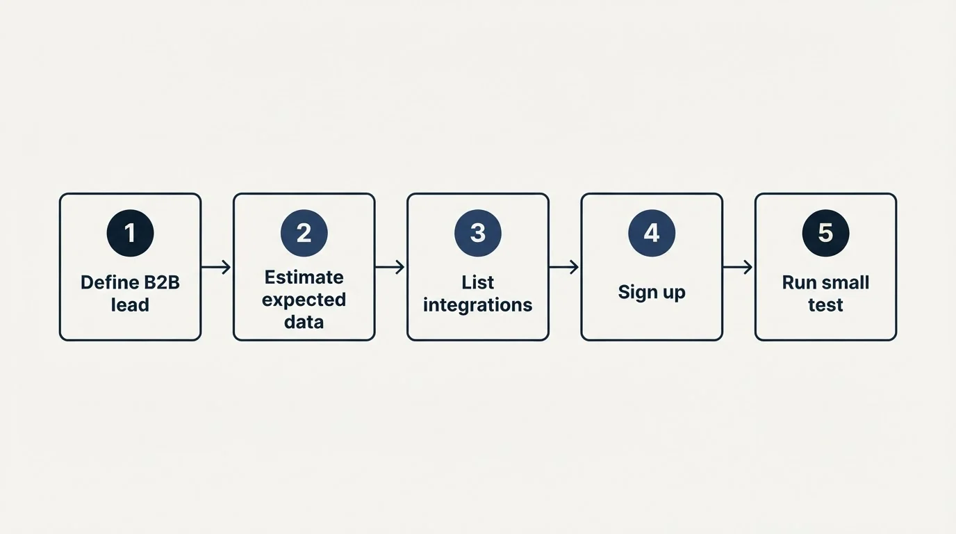 Step sequence: Getting Started Checklist (Define B2B lead, Estimate expected data, List integrations, Sign up)