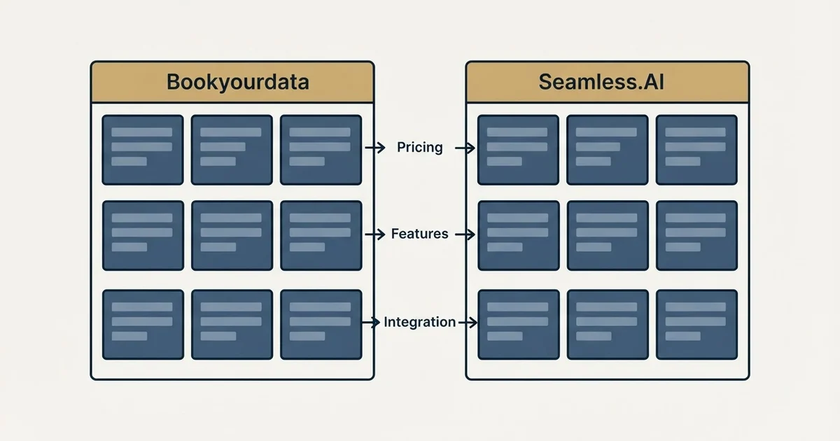 Comparison panel: Bookyourdata vs Seamless.AI (Pricing, Features, Integration)